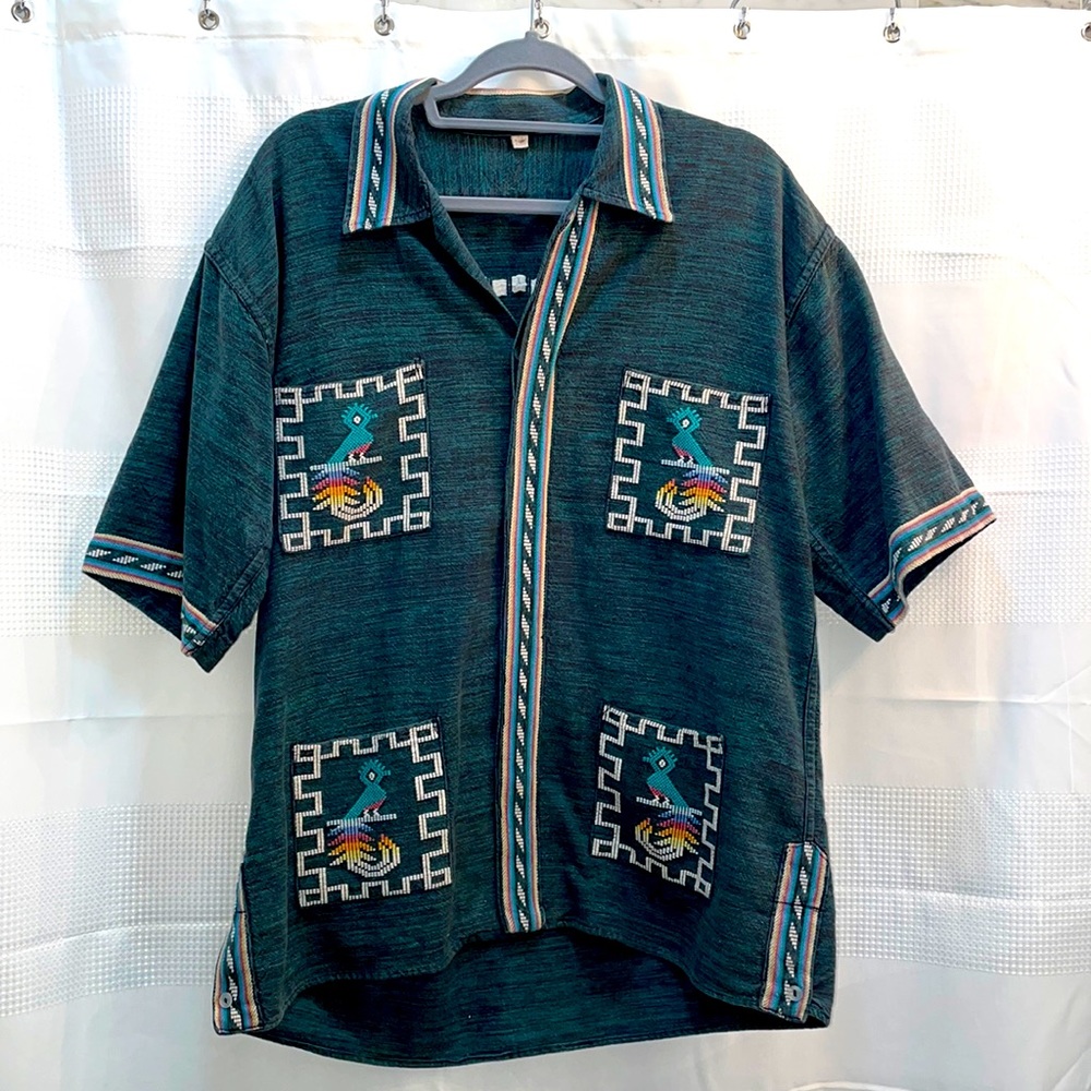 Teal Southwestern Camp Collar Shirt - Medium